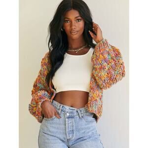 Princess Polly Rainbow Chunky Knit Cardigan Balloon Sleeve Hand Knit L/XL